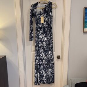 Floral Asymmetrical Maxi Dress - Navy & White